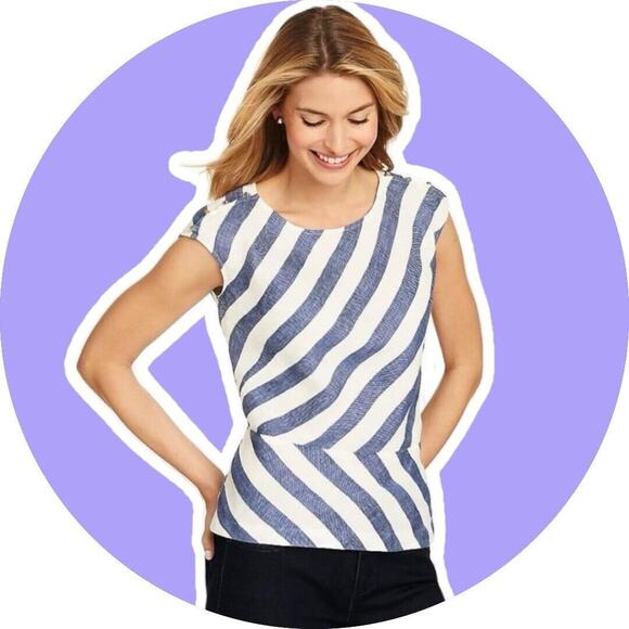 Talbots Women Linen Sleeveless Peplum Blouse Top Linen Blue Stripe 18 20 2X - Picture 1 of 11